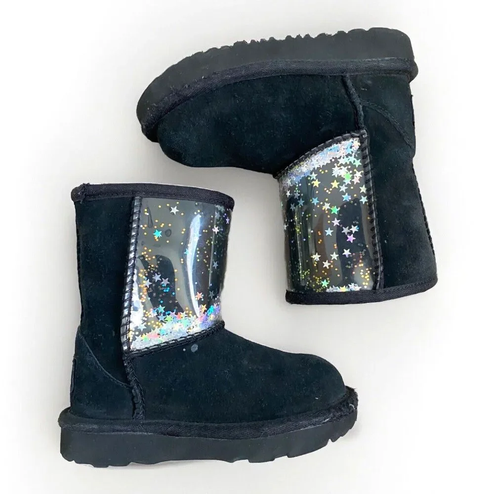 UGG Classic II Clear Glitter Boots Black Size 7 Toddler‎ Girls Kids Star Shoes